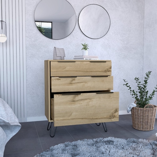 Tuhome Augusta Dresser, Hairpin Legs, Three Drawers, Superior Top, Light Oak CLD7037 - main